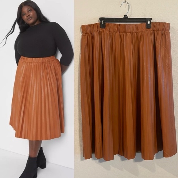 Lane Bryant Women’s Midi Skirt 3X Tan High Rise Faux-Leather Pleated Preppy - Picture 1 of 14